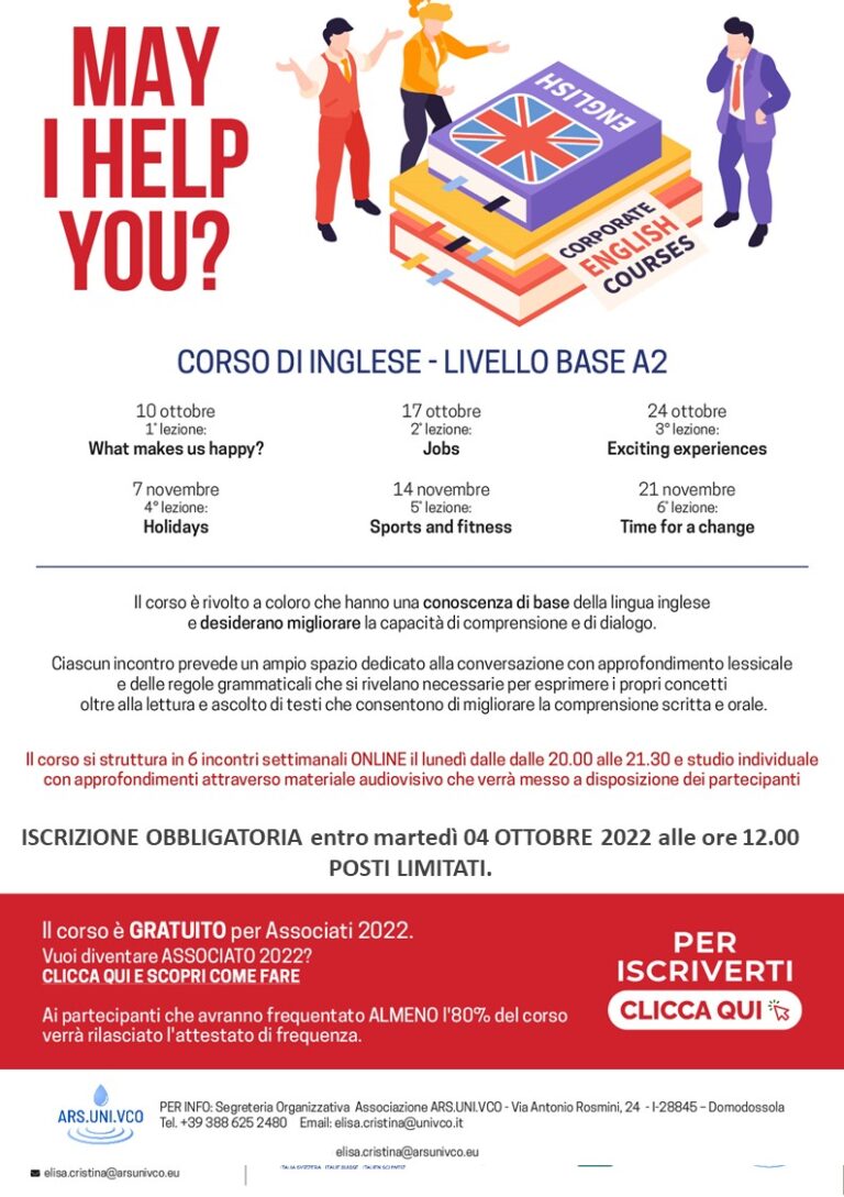 Dal 10 ottobre nuovo CORSO ONLINE di INGLESE livello base ARSUNIVCO